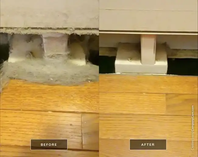 Before and after photo of an air duct that was cleaned by Petersburg Power Washing with the vent cover removed.