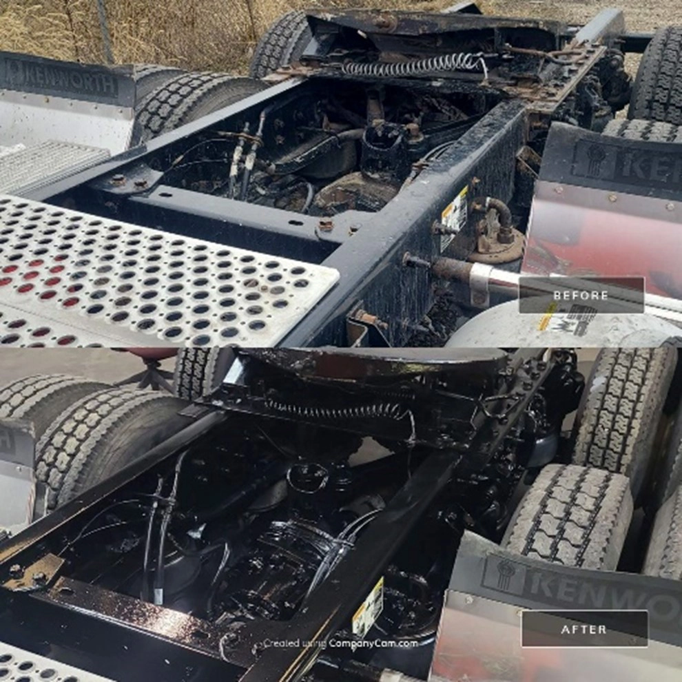 This is a before and after picture of the back of a semi-tractor.
