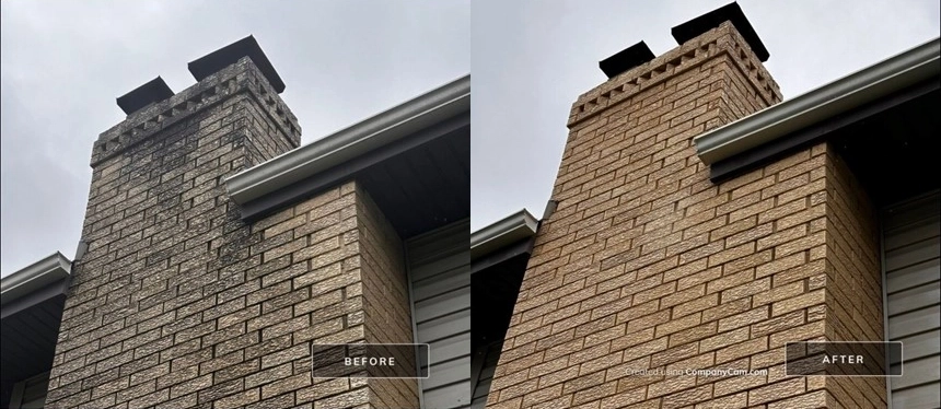 This is a photo of a chimney of a house in Sherman, IL, during the winter months that was power washed by Petersburg Power Washing of Springfield, IL.